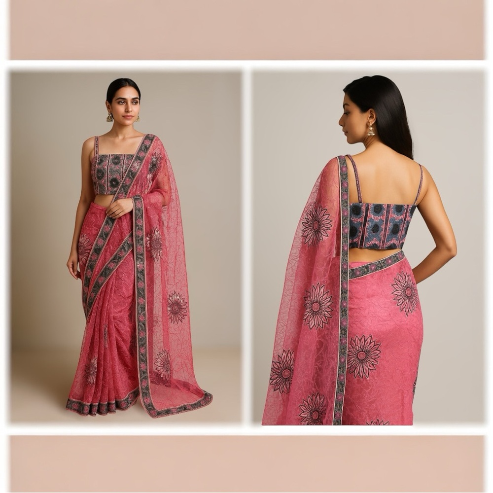 Elegant Pink Floral Saree – Designer Party Wear, New